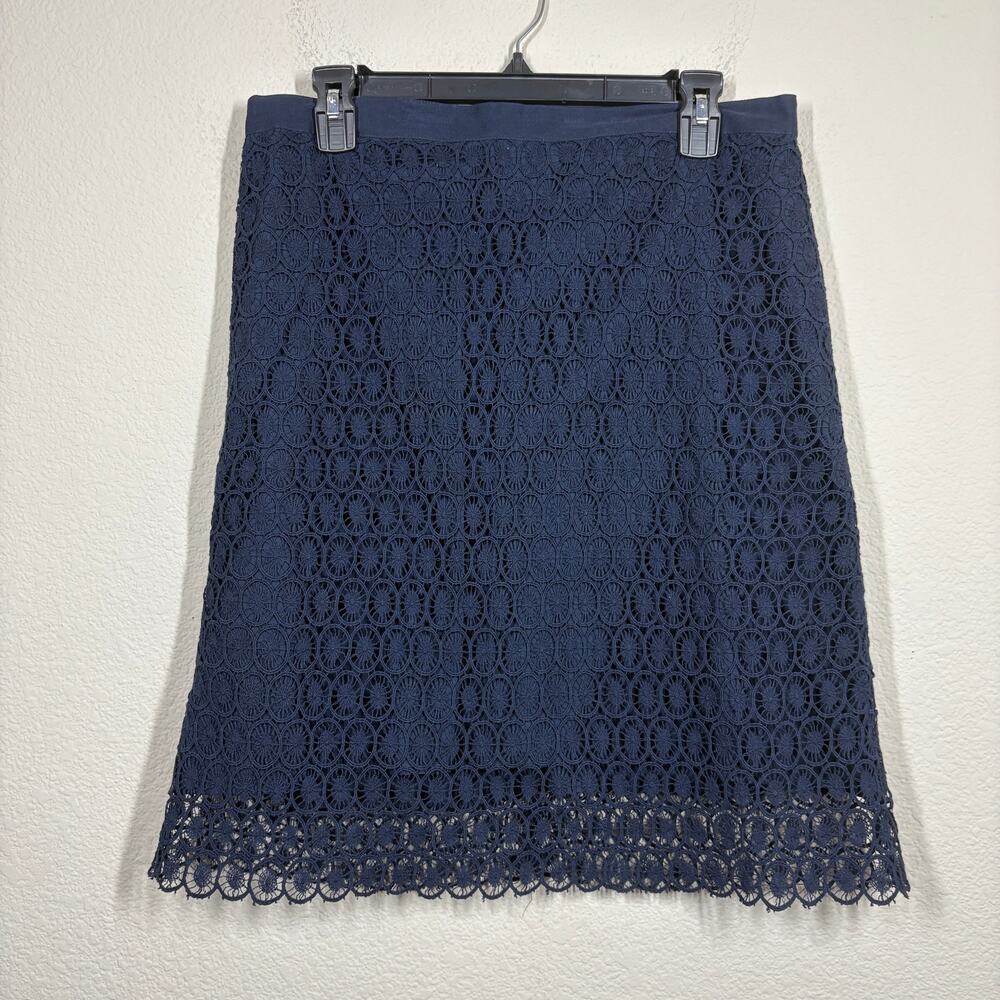 Loft Womens 12 Navy Blue Lace Overlay Career Pencil Flare Knee Length Skirt